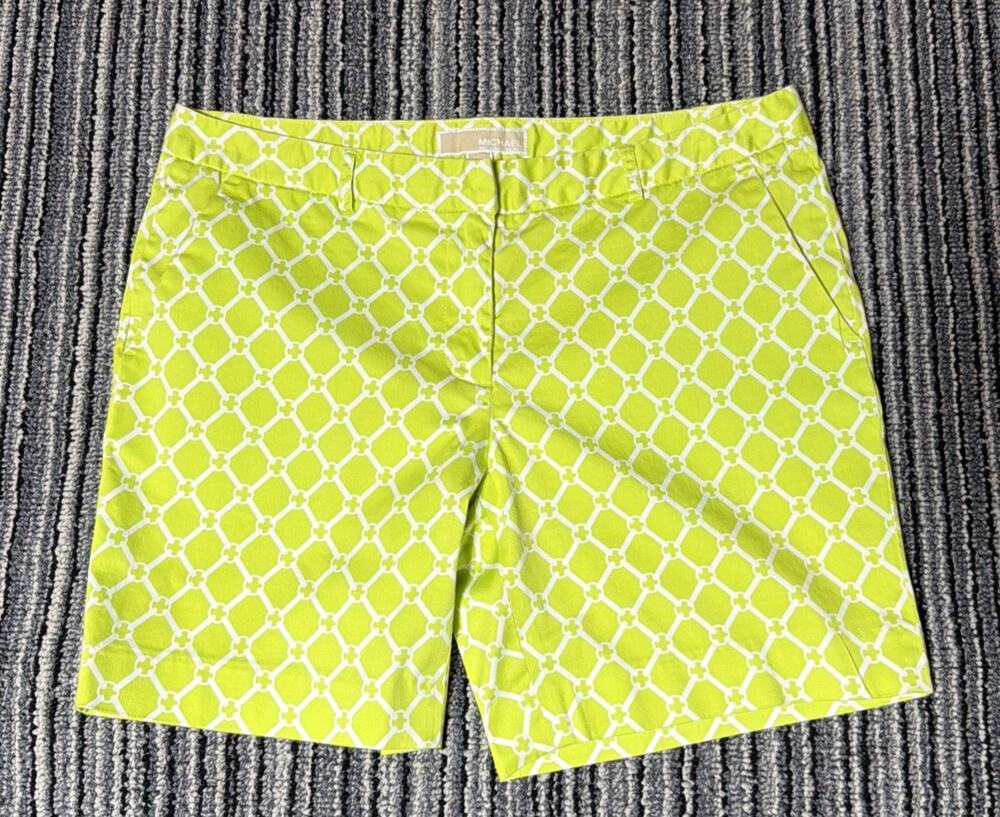 MICHAEL KORS WOMEN'S GREEN GEOMETRIC SHORTS SIZE 10 Cotton Stretch
